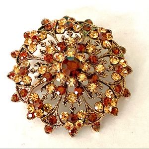Vintage Brown & Gold Rhinestone Brooch